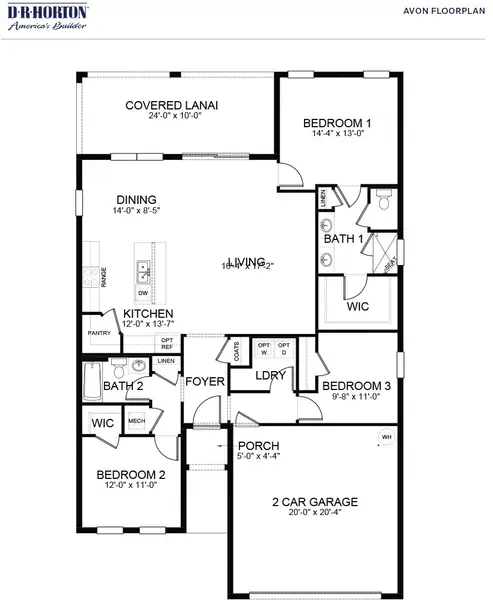 2D floor plan layout for the Avon by D.R. Horton in Indian River Preserve, Mims, FL (Image 3). 2D floor plan layout for the Avon by D.R. Horton in Indian River Preserve, Mims, FL (Image 3).