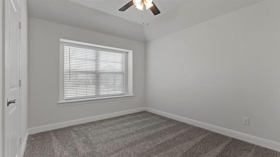 Carpeted spare room featuring baseboards and a ceiling fan
