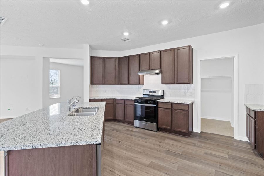 A true chef’s dream, this spacious and open kitchen boasts high ceilings, recessed lighting, rich stained wood cabinets, granite countertops, stainless steel appliances, a modern tile backsplash, extended counter space, an island, and a walk-in pantry—all with a clear view of the spacious Great Room. A true chef’s dream, this spacious and open kitchen boasts high ceilings, recessed lighting, rich stained wood cabinets, granite countertops, stainless steel appliances, a modern tile backsplash, extended counter space, an island, and a walk-in pantry—all with a clear view of the spacious Great Room.