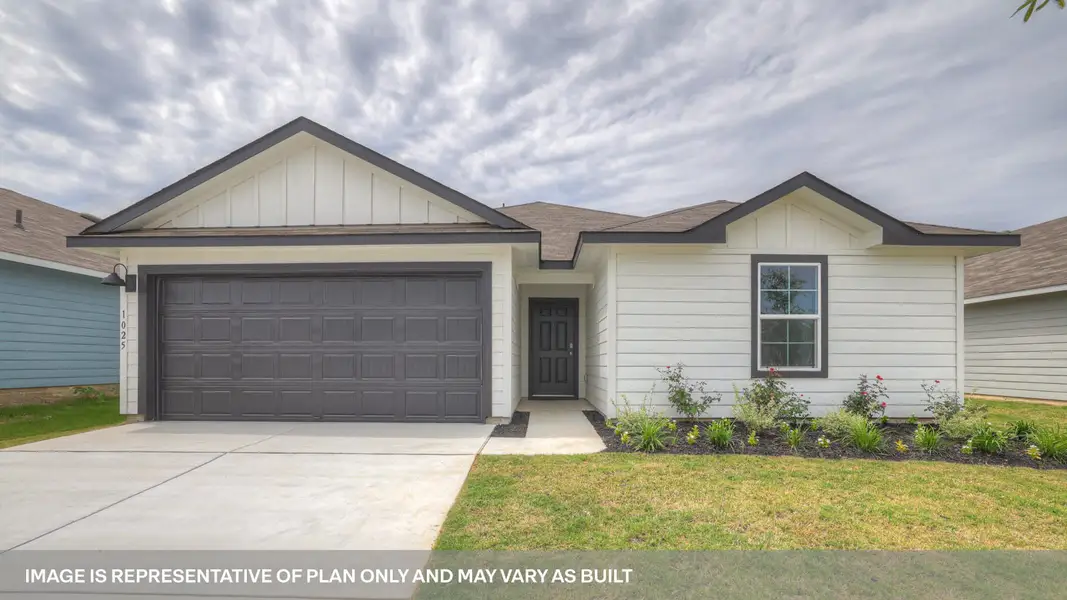 Front exterior of a new home in Swenson Heights, Seguin, TX, highlighting curb appeal (Image 2). Front exterior of a new home in Swenson Heights, Seguin, TX, highlighting curb appeal (Image 2).