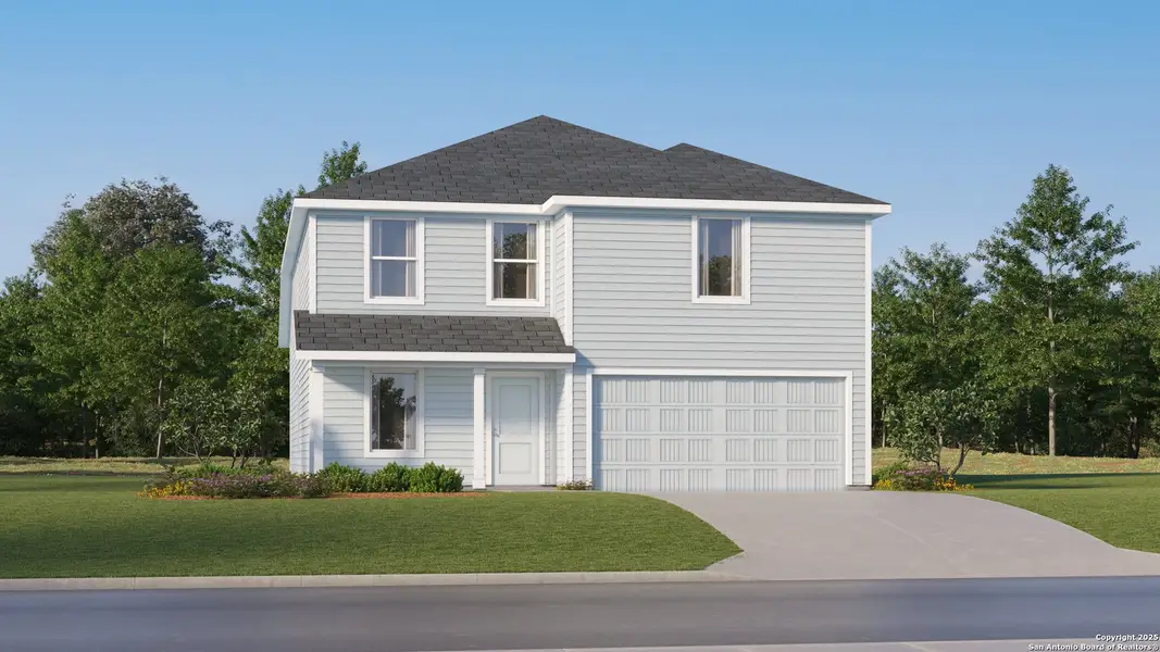 Front exterior of a new home in Sky Ranch: Watermill Collection, New Braunfels, TX, highlighting curb appeal (Image 1).