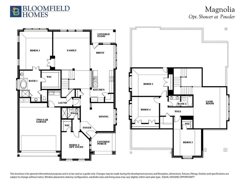 Bloomfield Homes Magnolia two-story floor plan with five bedrooms, game room, and two-car garage on both floors. Bloomfield Homes Magnolia two-story floor plan with five bedrooms, game room, and two-car garage on both floors.