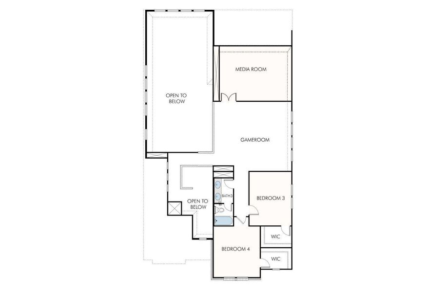 Visualize the thoughtful layout of this floor plan, highlighting the media room, gameroom, and dual bedrooms. Visualize the thoughtful layout of this floor plan, highlighting the media room, gameroom, and dual bedrooms.