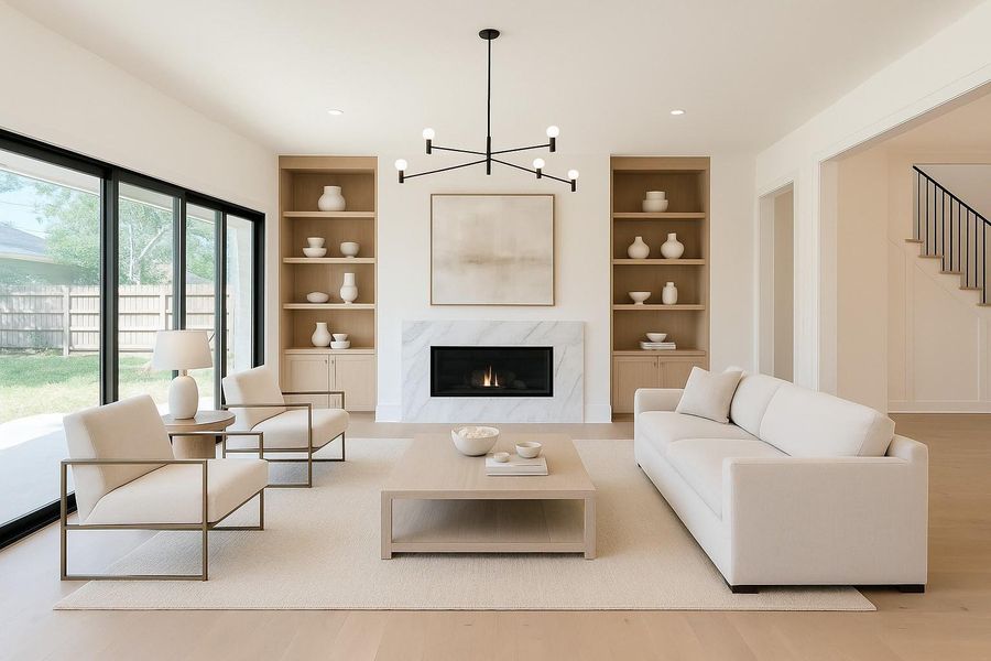 Living Room. Professionally rendered/staged photo from actual photo of home.