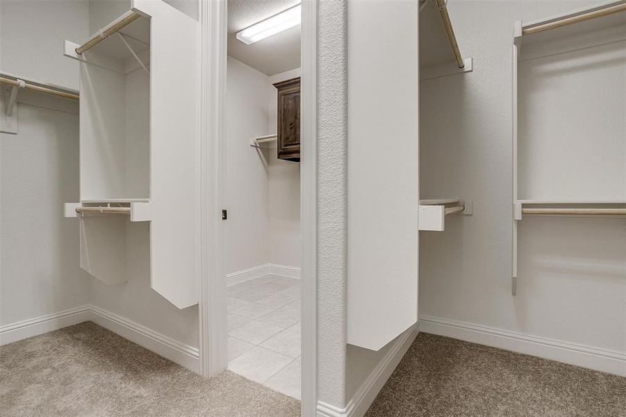 Walk in closet featuring light carpet