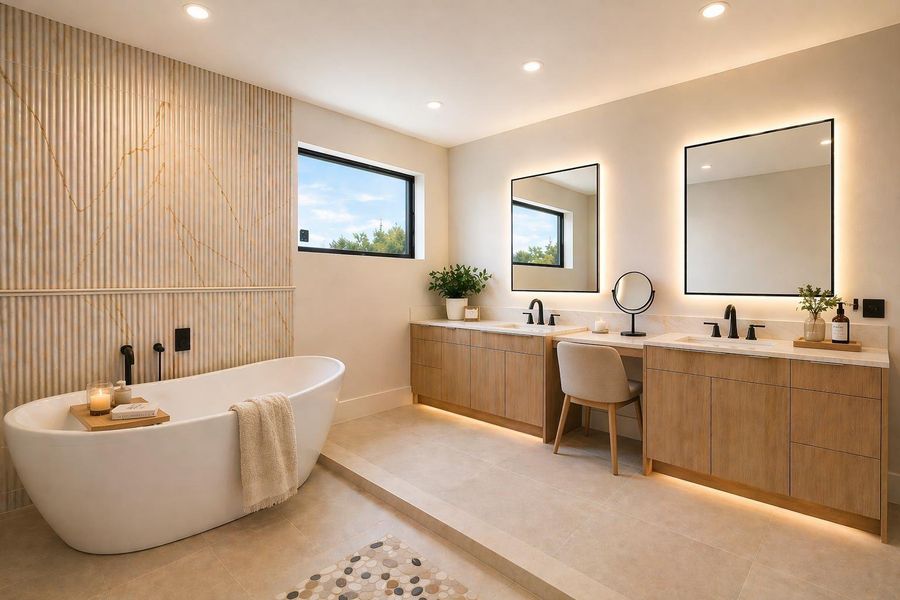 Spacious and bright bathroom with a spa inspired feel, creating a relaxing space to start and end your day.