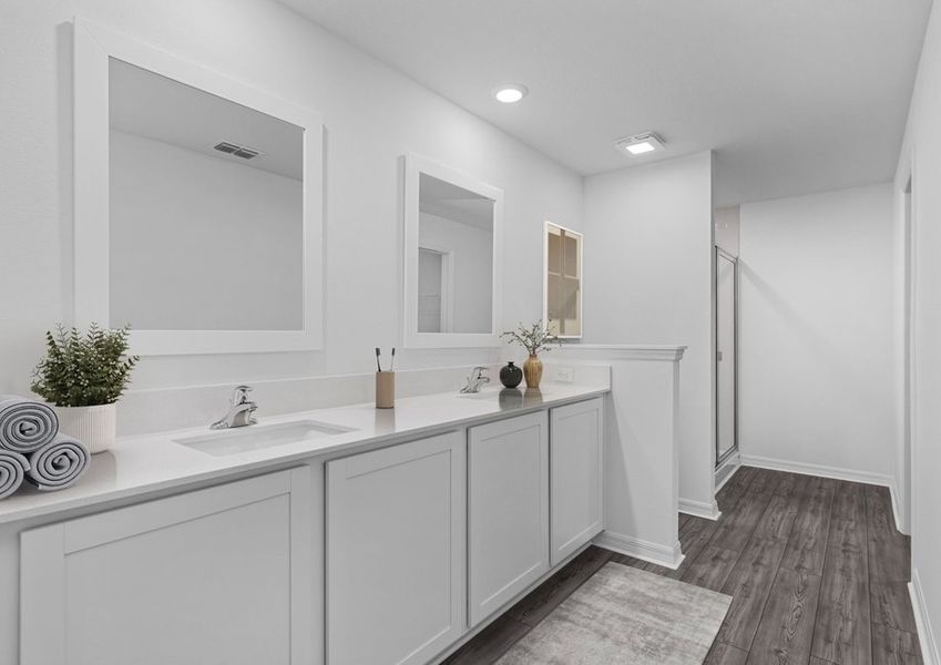 The master bathroom boasts this stunning dual sink vanity.
