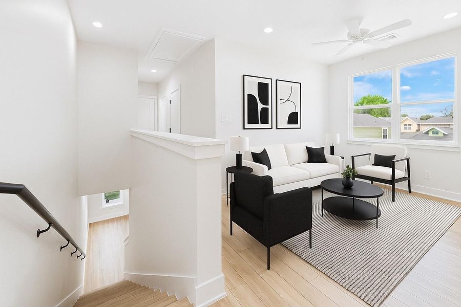 Discover the potential of this bright and versatile flex space on the second floor, beautifully showcased in a virtually staged photo. Discover the potential of this bright and versatile flex space on the second floor, beautifully showcased in a virtually staged photo.