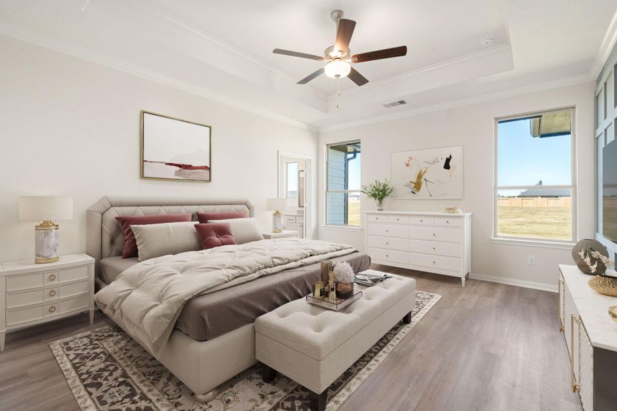 The primary suite offers a serene retreat, filled with soft natural light and featuring a tray ceiling and a neutral color palette. The spacious layout provides plenty of room for relaxation, while the en-suite bathroom adds convenience and comfort for everyday living. The primary suite offers a serene retreat, filled with soft natural light and featuring a tray ceiling and a neutral color palette. The spacious layout provides plenty of room for relaxation, while the en-suite bathroom adds convenience and comfort for everyday living.