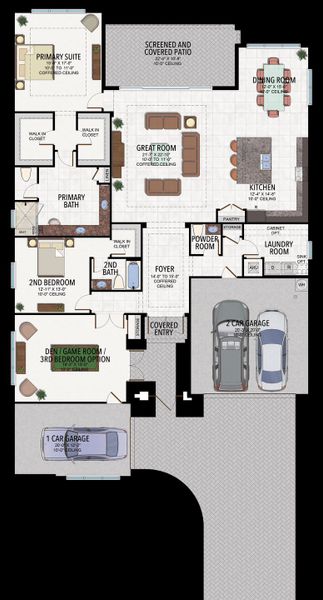 2D floor plan layout for the Elena by GL Homes in Valencia Parc at Riverland, Port St. Lucie, FL (Image 5).