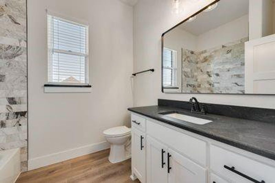 Bathroom with vanity, hardwood / wood-style floors, toilet, and a healthy amount of sunlight