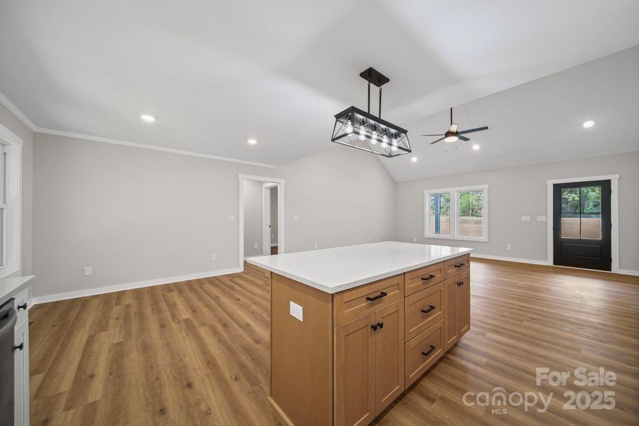 Large quartz top island in kitchen. Large quartz top island in kitchen.