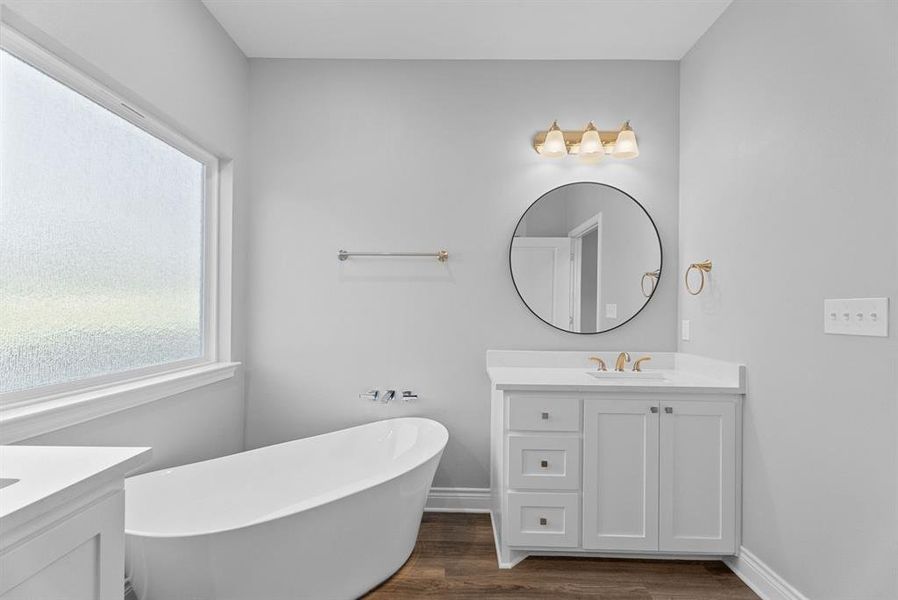 Bathroom with vanity, a freestanding bath, and dark wood-style flooring