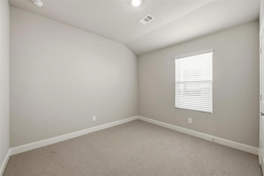 Unfurnished room featuring carpet floors and vaulted ceiling
