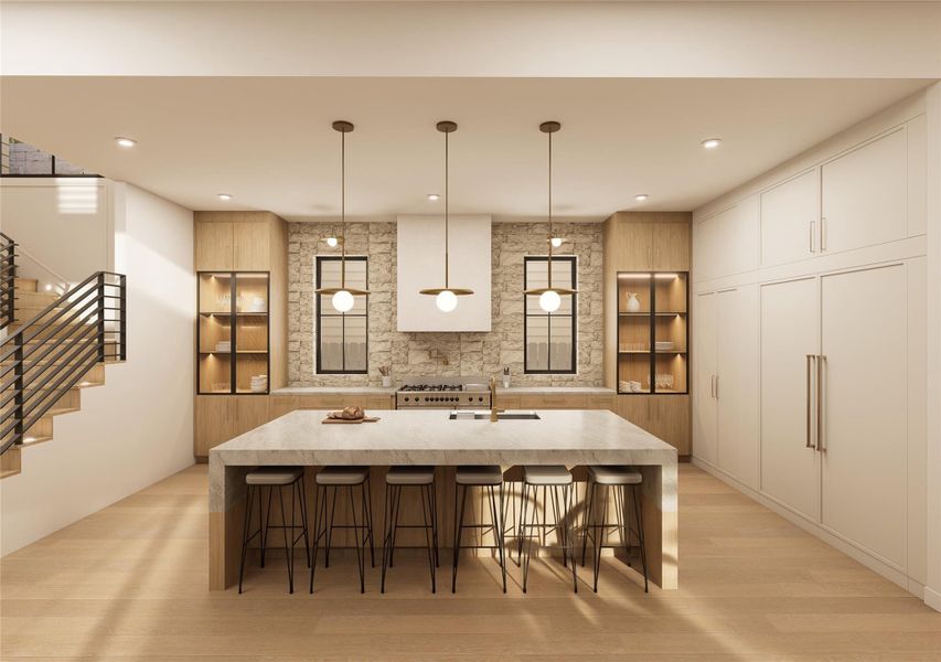 Bathed in natural light and grounded in organic tones, this culinary space balances clean-lined cabinetry with dramatic architectural elements. A seamless blend of form and function, the expansive prep island, custom vent hood, and curated open displays offer a backdrop equally suited for intimate dinners or lively gatherings. Bathed in natural light and grounded in organic tones, this culinary space balances clean-lined cabinetry with dramatic architectural elements. A seamless blend of form and function, the expansive prep island, custom vent hood, and curated open displays offer a backdrop equally suited for intimate dinners or lively gatherings.