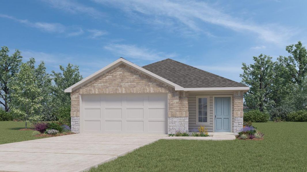 Front exterior of a new home in Prairie Lakes, Buda, TX, highlighting curb appeal (Image 1).
