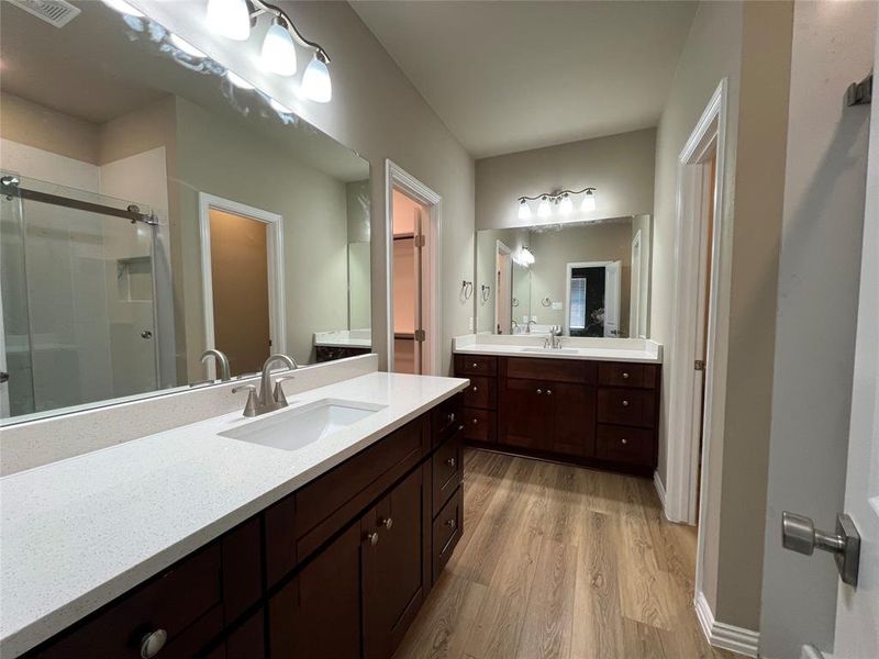 Bathroom with hardwood / wood-style floors, vanity, and walk in shower