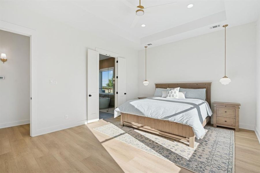 Another view with a glimpse of the sweet sconce in the hallway. This room is totally foam insulated for peace and quiet!