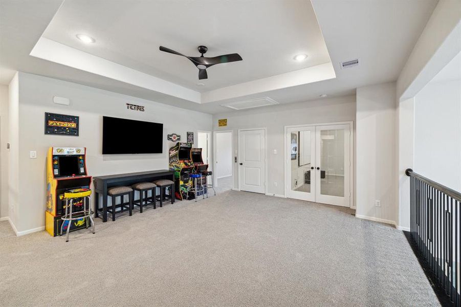 Large game-room with led disk lighting.