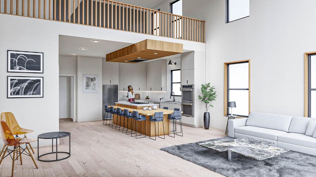 Interior kitchen & living room rendering Interior kitchen & living room rendering