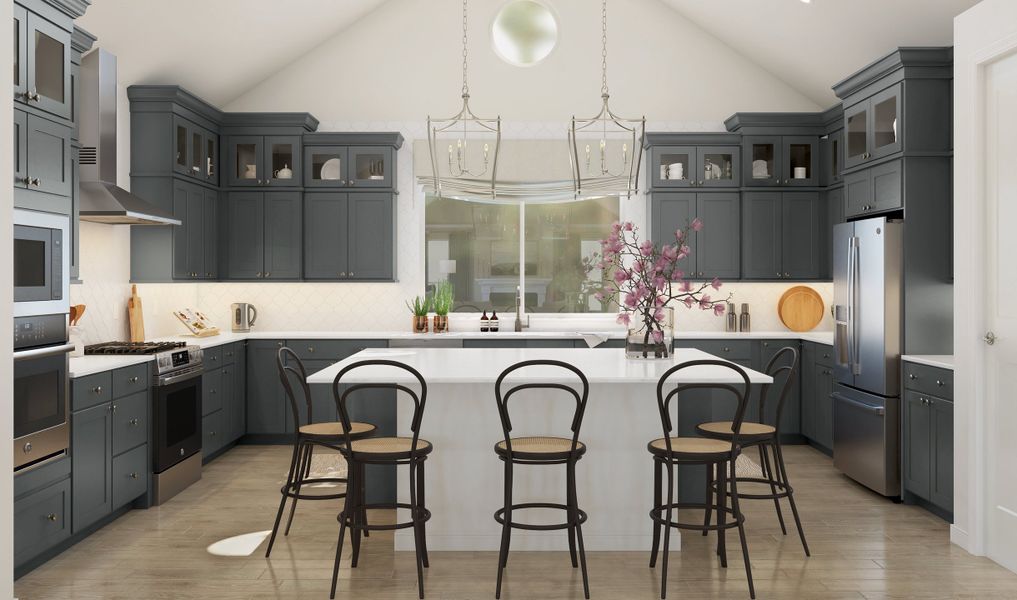 Kitchen with pendant lighting and glass upper cabinets