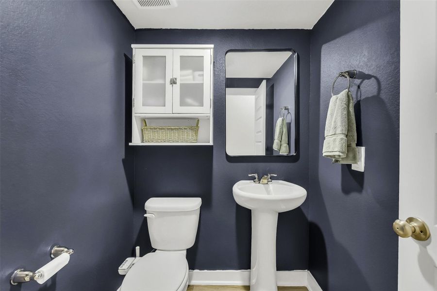 Designer-inspired powder bath featuring stylish finishes, modern fixtures, and bold accent details that add character and sophistication.