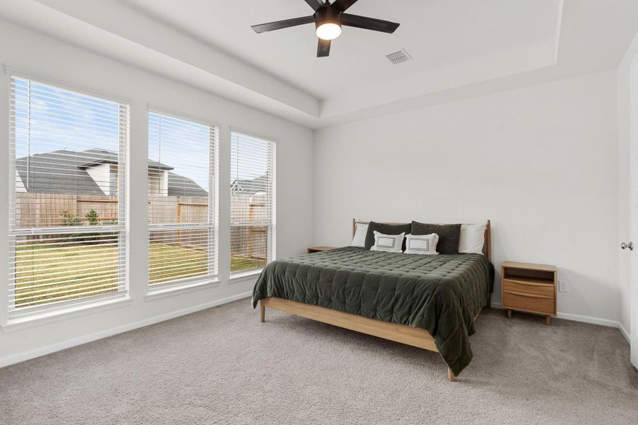 Primary suite sanctuary featuring a tray ceiling, plush carpeting, and large windows overlooking the backyard. Primary suite sanctuary featuring a tray ceiling, plush carpeting, and large windows overlooking the backyard.
