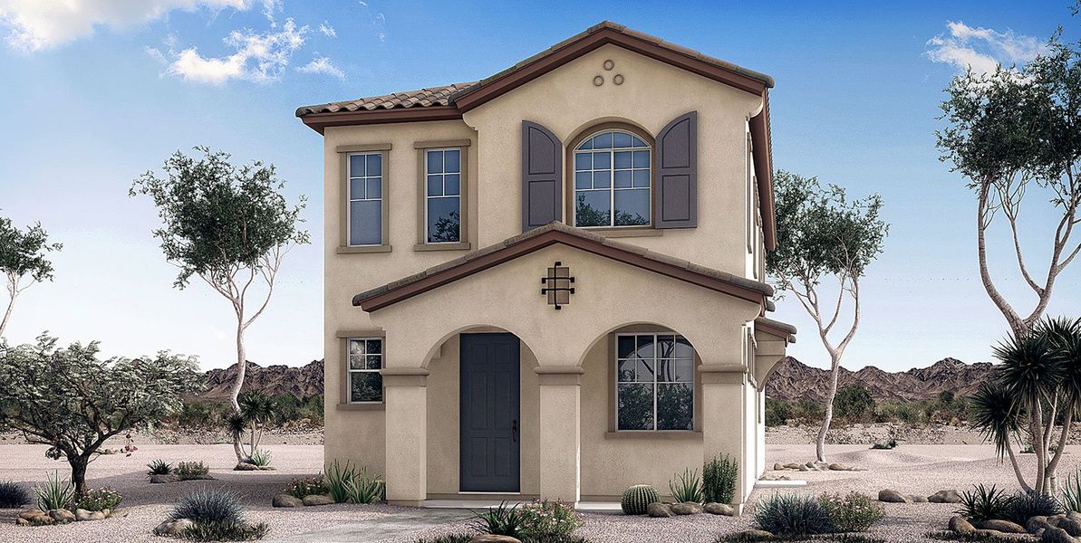 Front exterior of a new home in Ironwood Villages at North Creek, Queen Creek, AZ, highlighting curb appeal (Image 22).