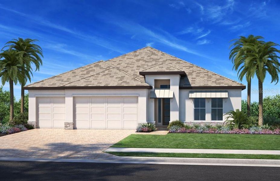 Front exterior of a new home in Shellstone at Waterside, Sarasota, FL, highlighting curb appeal (Image 1). Front exterior of a new home in Shellstone at Waterside, Sarasota, FL, highlighting curb appeal (Image 1).