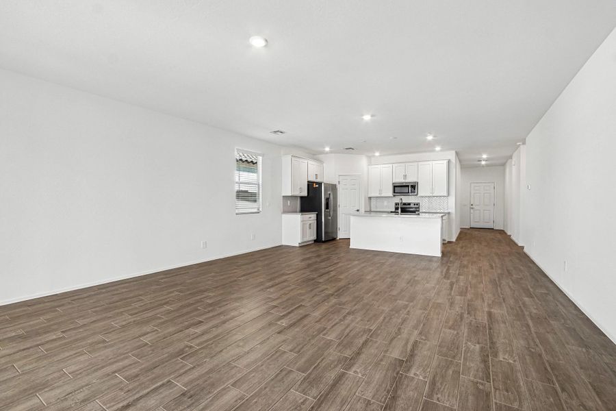 Great room, kitchen and dining