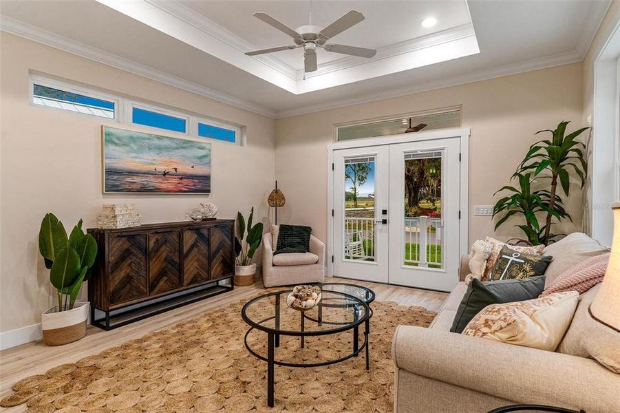 Living Room with Tray Ceilings