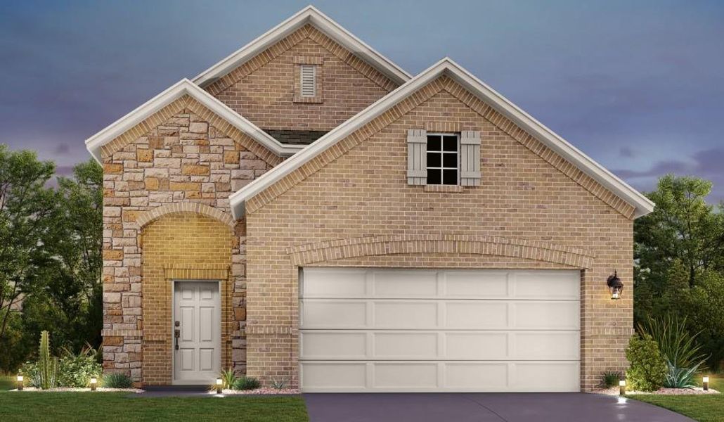 Front exterior of a new home in The Cottages at La Cima, San Marcos, TX, highlighting curb appeal (Image 1).