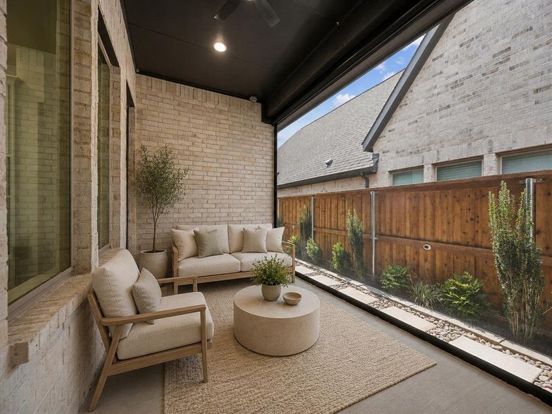 Covered patio featuring recessed lighting, a ceiling fan, a gas line for your grill and a remote controlled sunshade.