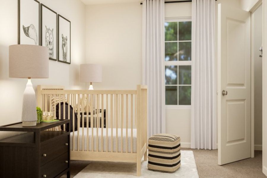 A white room with a white crib and a white curtain.