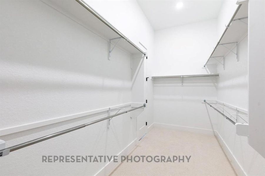Walk in closet with light colored carpet