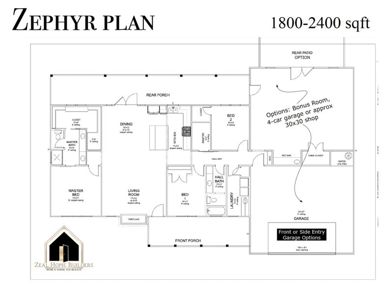 2D floor plan layout for the Zephyer 1 by Zeal Home Builders in Saddle Crest Estates, Weatherford, TX (Image 2).