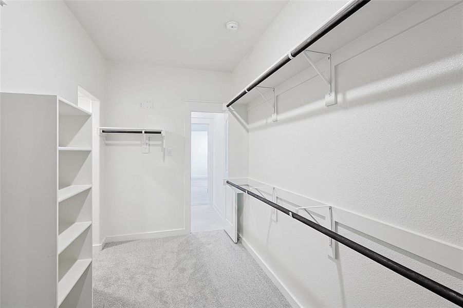 Walk in closet with light carpet