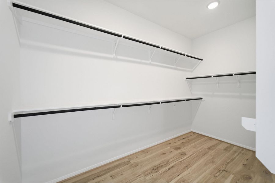 Walk in closet with light wood-style floors