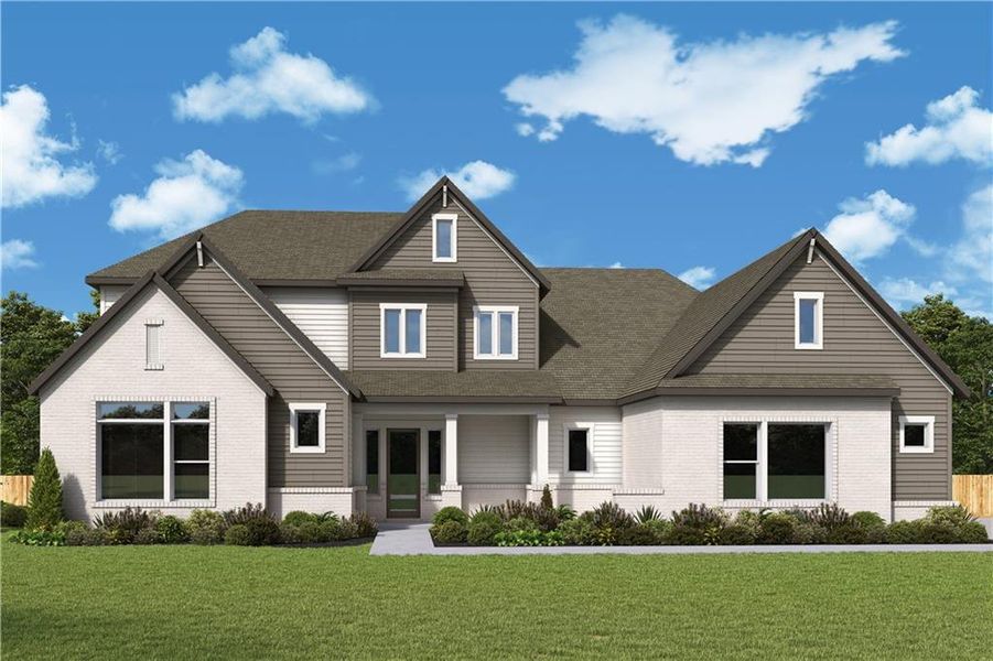 Front exterior of a new home in Meadow Brook Farms, Cumming, GA, highlighting curb appeal (Image 1).