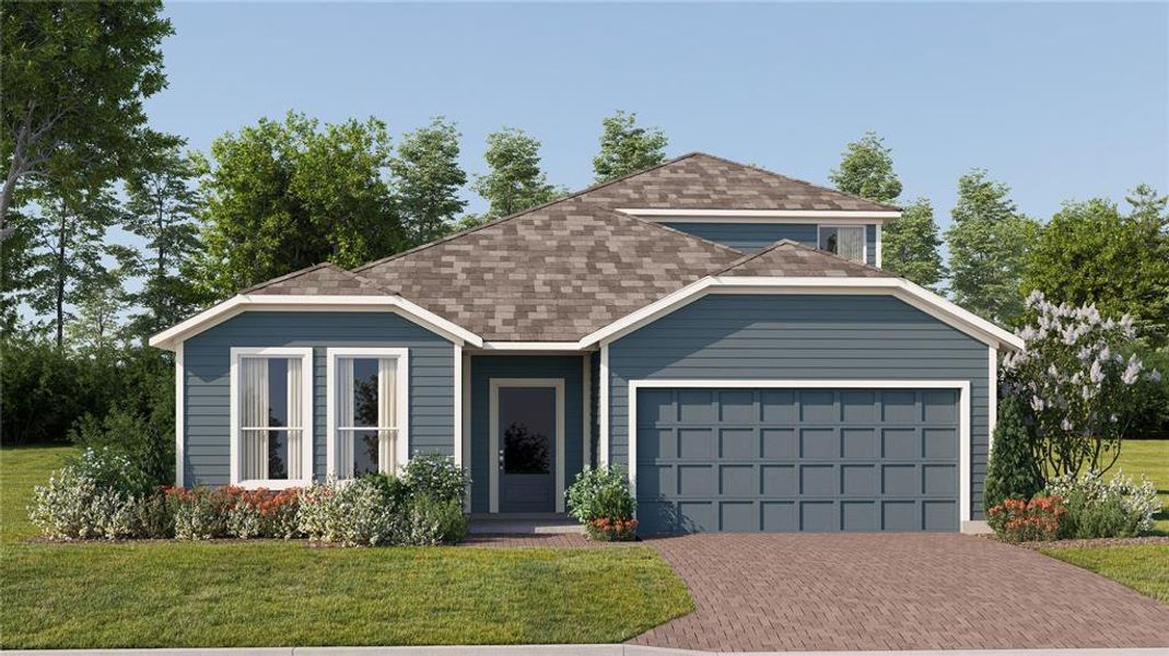 Front exterior of a new home in Wellness Ridge, Clermont, FL, highlighting curb appeal (Image 1). Front exterior of a new home in Wellness Ridge, Clermont, FL, highlighting curb appeal (Image 1).