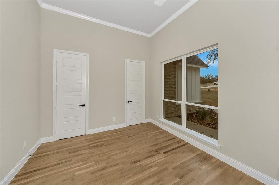 Spare room with hardwood / wood-style floors and ornamental molding