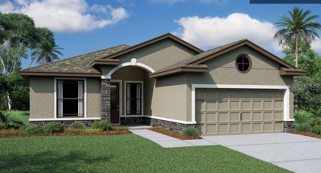 Front exterior of a new home in Royal Highlands, Weeki Wachee, FL, highlighting curb appeal (Image 1).