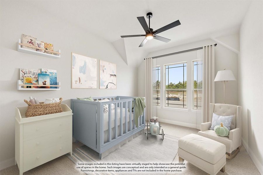 Nursery with gray crib, ceiling fan, vaulted ceiling, wall book shelves, and a glider chair near a bright window