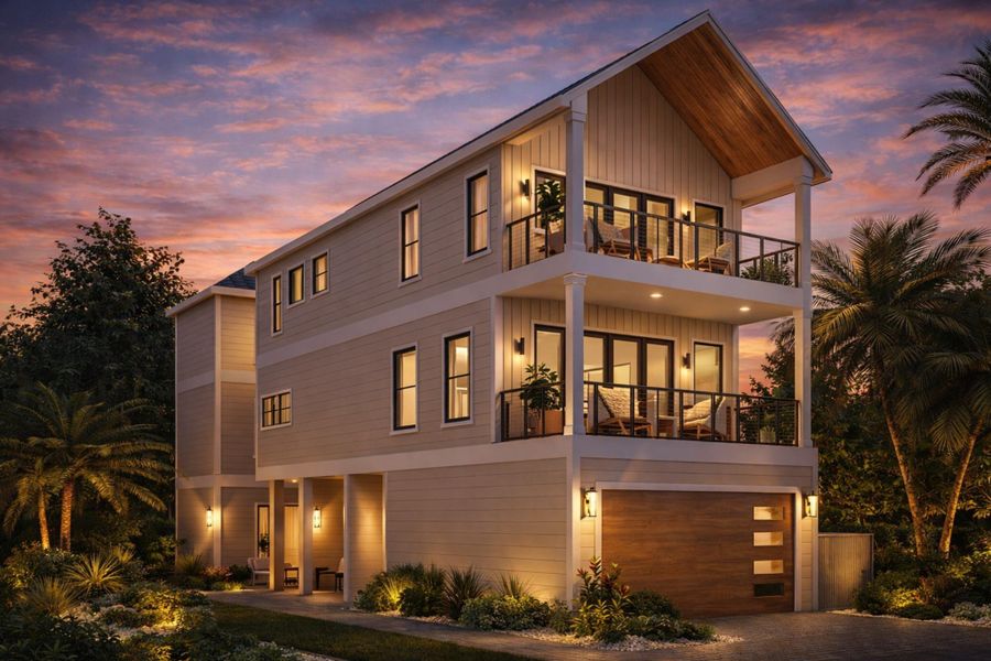 Stunning modern coastal exterior with warm evening lighting just one block from the beach. Stunning modern coastal exterior with warm evening lighting just one block from the beach.