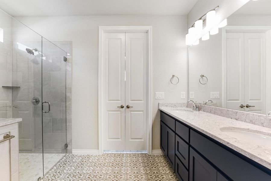 Full bathroom with a stall shower, double vanity, and a closet Full bathroom with a stall shower, double vanity, and a closet