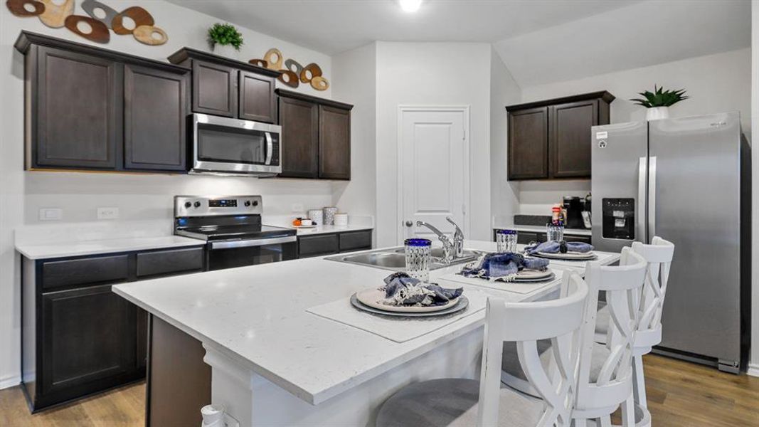 Kitchen with light wood-style floors, stainless steel appliances, and dark wood finish cabinetry Kitchen with light wood-style floors, stainless steel appliances, and dark wood finish cabinetry