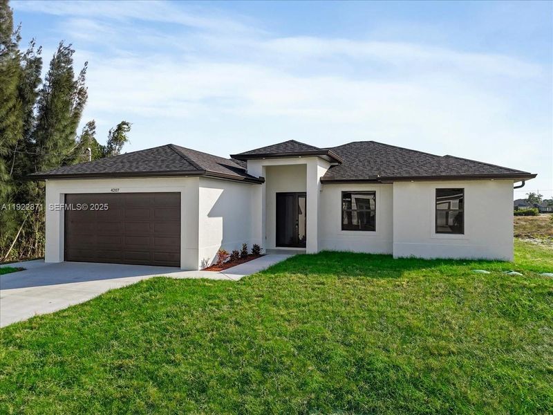 Front exterior of a new home in , Lehigh Acres, FL, highlighting curb appeal (Image 22).