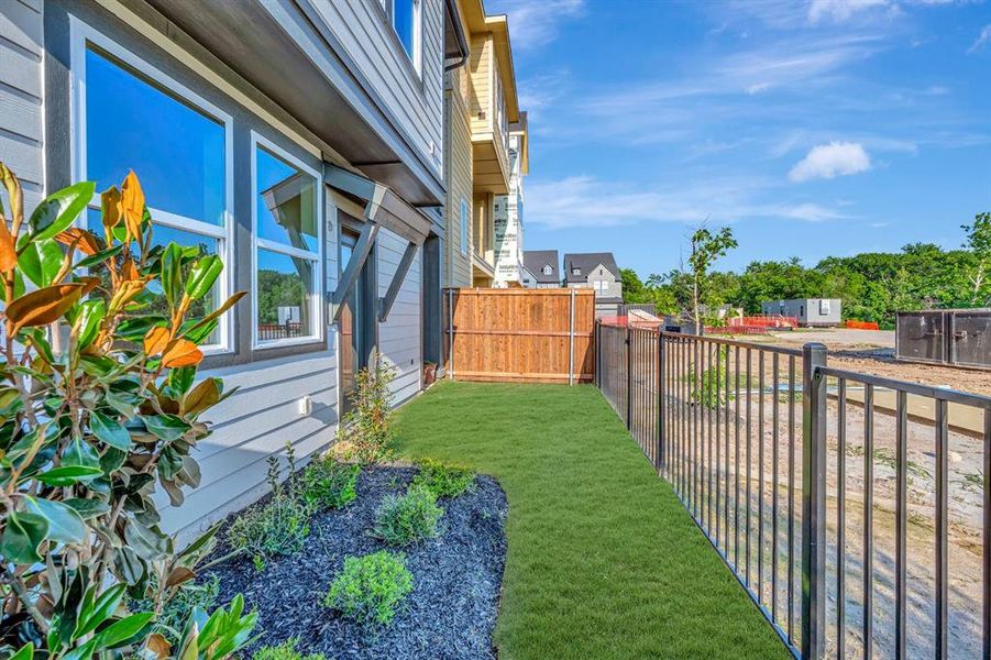 Manicured lawn area featuring a metal fence, wood privacy fence, and a planted garden bed with dark mulch