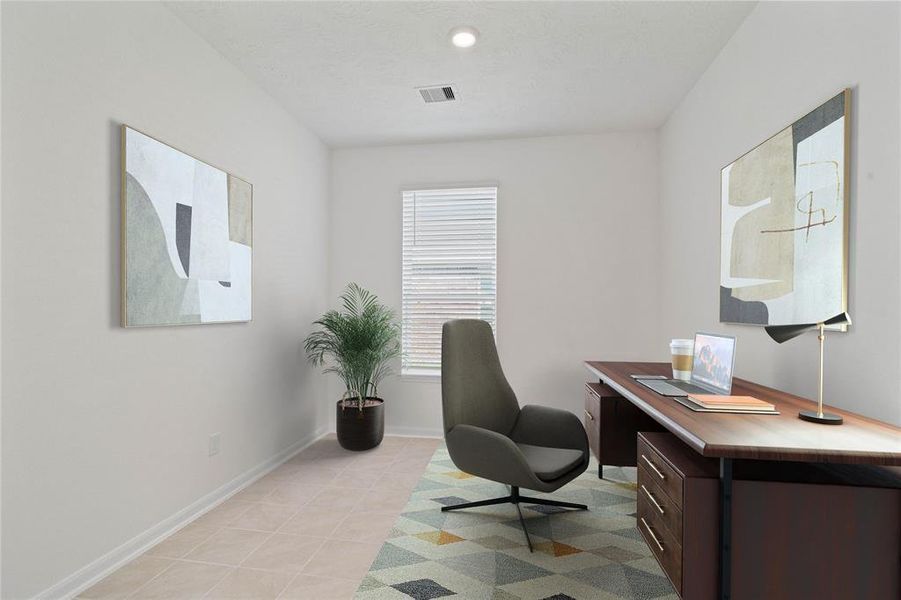 This den is the perfect spot for a home office! Featuring tile flooring, high ceilings, and a large window with privacy blinds.