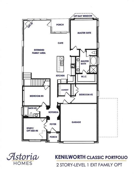 Floor Plan 1-add 3 car garage, master bay window, fireplace, walk-in shower in bath 2, freestanding tub in master bath